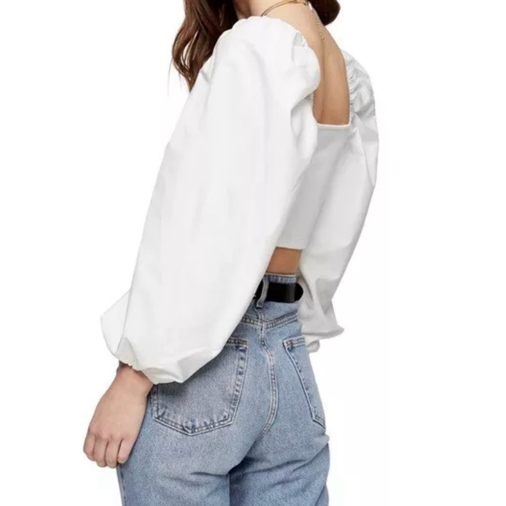 TOPSHOP Off-White Balloon Statement Sleeve Poplin Square Neck Crop Top Size 6 - Picture 2 of 9